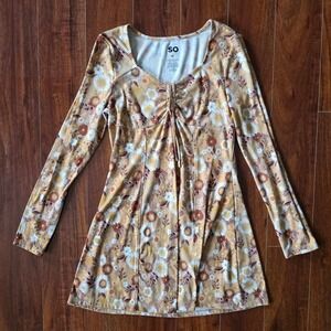 SO Womens Floral Long Sleeve Cinch Front Ribbed Mini Skater Dress Yellow M